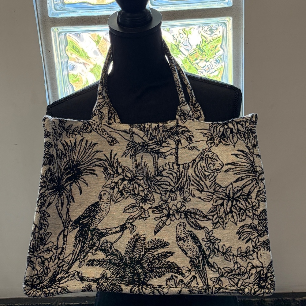 Black Tropical Floral cotton canvas tote